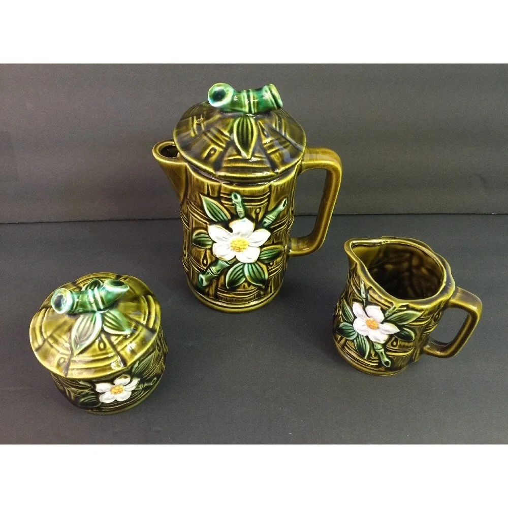 Vintage TILSO Japan Hand Painted‎ Tea Coffee Pot Cream Sugar Bamboo Motif